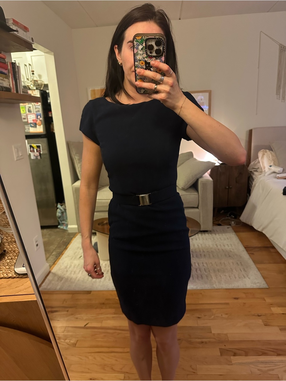 Classic Navy Sheath Dress with Belt